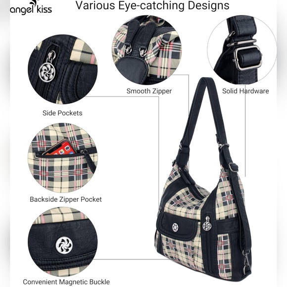 NWT! Black and Apricot Designer Angel Kiss Vegan Leather Plaid Shoulder Hobo Bag - Picture 7 of 7